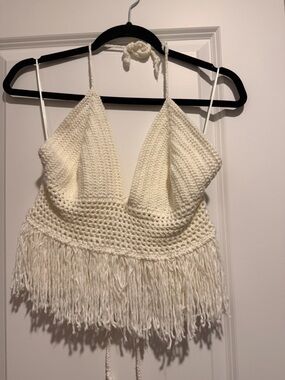 Windsor Cream Crochet Fringe Halter Tank Top